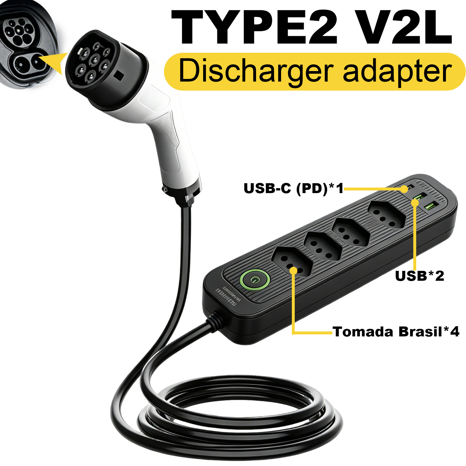 Outdoor Power Outlet - Type2 V2L Discharge Adapter 16A Brazil